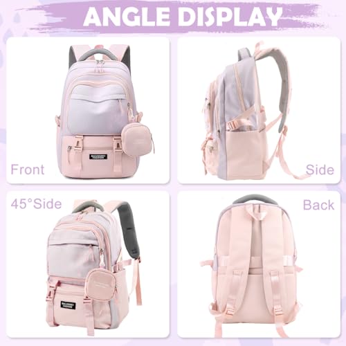 PALAY® Girls Backpack School with Small Zipper Pouch Fashion Pink Nylon Padded Shoulder Straps Handle Design Multi Compartment Large for Camping Travel 2 PCS