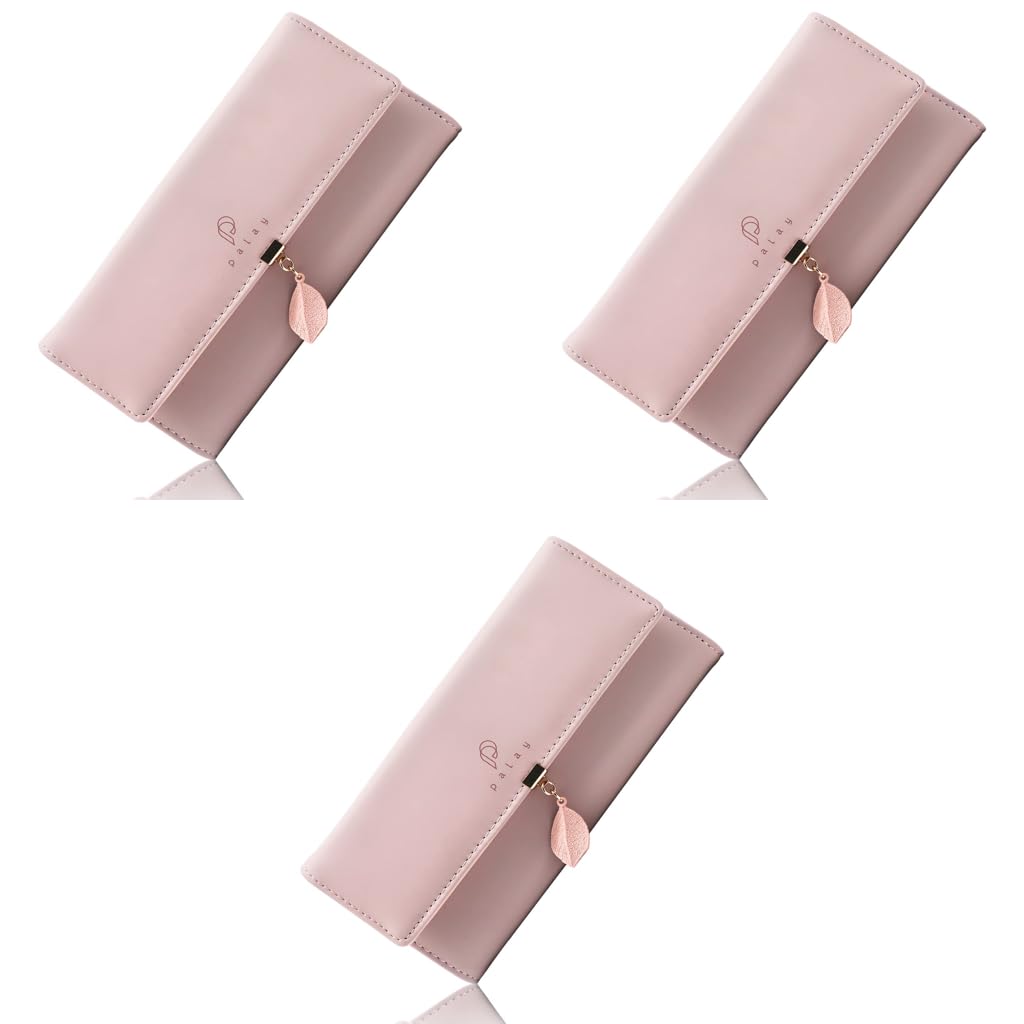 PALAY Womens PU Leather Long Wallet with Leaf Pendant and Zipper Coin Purse 7.48x3.7x0.82 in | Pink 3PCS
