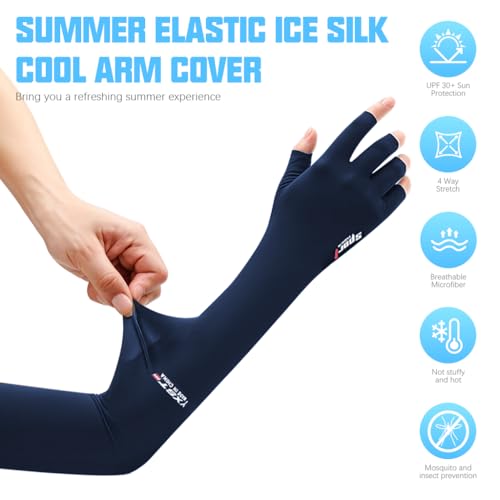 PALAY® Hand Gloves for Sun Protection Bike Riding Non-Slip Touch Screen UV Arm Sleeves Men Women Silk Cooling Breathable for Driving Cycling Blue 2PCS