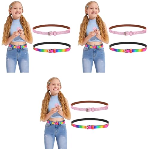 PALAY® 6PCS Girls Belt PU Leather Glittering Pink Rainbow Waist Stylish Metal Buckle 31inch for 6-12