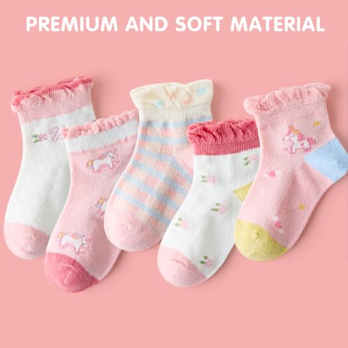 PALAY® 5 Pairs Kids Socks Girls Socks Breathable Cotton Mesh Socks Home Socks Cartoon Unicorn Cotton Socks for Girls 9-12 Years Old