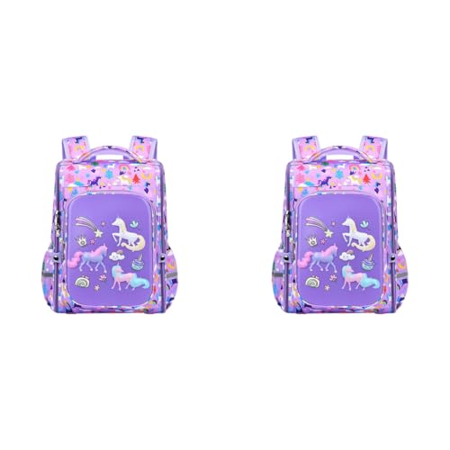 PALAY® Girls School Backpack Unicorn Cartoon Primary Bookbag for Travel Camping Waterproof Burden Relief Gift Kids 5-10 Years Old Purple 2 PCS