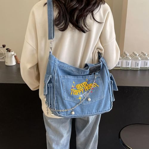 PALAY® Chic Cloth Bag for Girls Women Casual Shoulder Crossbody Tote 2 in 1 Variable Hand Fashion Letter Embroidery Denim Book for Daily School 2PCS