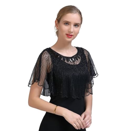 PALAY® Lace Shrugs Shawl for Women Stylish Sheer Cape Cover Up Wraps Black Sequin for Wedding Dress Off Shoulder Strapless Dresses 2PCS