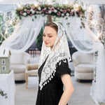 PALAY® Lace Shawl Women Lace Mantilla Triangle Lace Mass Veil for Women Tassle Rose Jacquard Lace Shawl Headwear Wedding Lace Veil Headwear