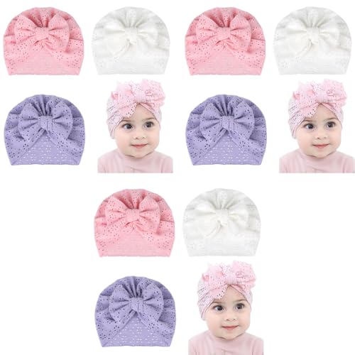 PALAY® 9PCS Baby Cap for 3-6 Months, Soft Baby Turban Cap for Baby Girl Boy, Stretchy Big Bow Baby Caps for Born 0-3 Months, Breathable Lovely Newborns Infant Hat Shower Gifts