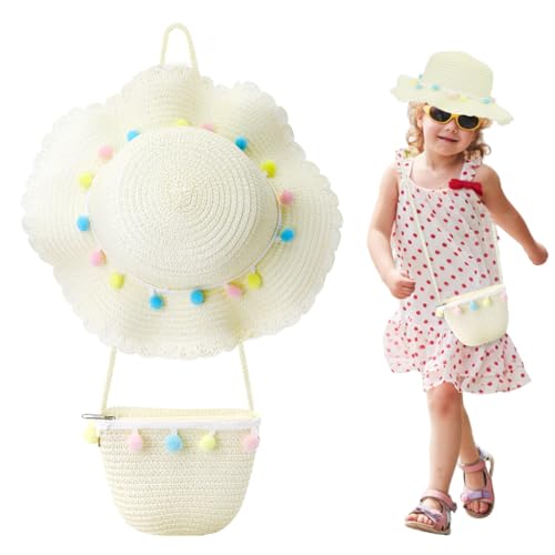 PALAY® Straw Hat and Small Bag Set, Summer Sun Hat Girls Children's Straw Hat with Flower Decoration for Tourism Holiday Travel Beach Outdoor Activities