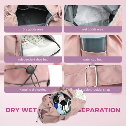 PALAY® Women Gym Bag Fashion Nylon with Shoe Compartment Duffle Travel Shoulder Multifunctional Waterproof Day Pack Adjustable Strap Pink 3 PCS