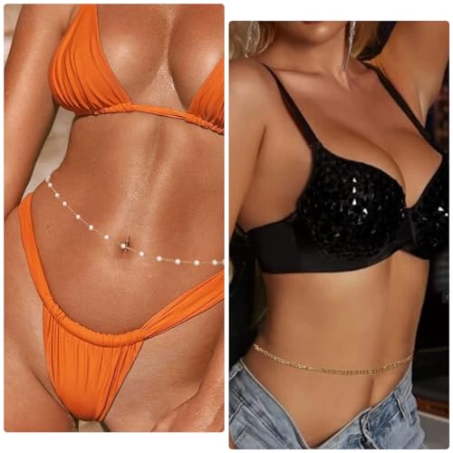 PALAY® 2pcs Pearl Waist Chain for Women Stylish Saree Gold Plated Belly Chain 2-Layered Ladies Body Hip Chain for the Waist Bikini Jewelry - 26-42in