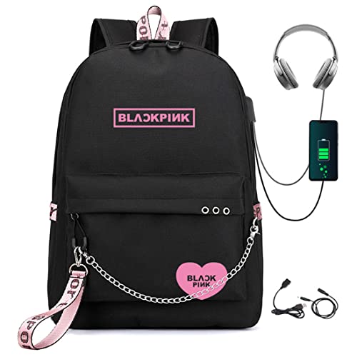 PALAY® School Bags for Girls Blackpink KPOP Theme Prints School Backpack With USB Charging and Headset Port Backpack for Student School Bag