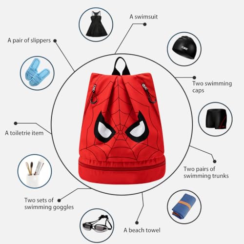 PALAY® Swimming Bag for Kids Spider Man Print Shoulder Bag for Kids Large Capacity Backpack for Boys Girls Wet Dry Separation Beach Bag