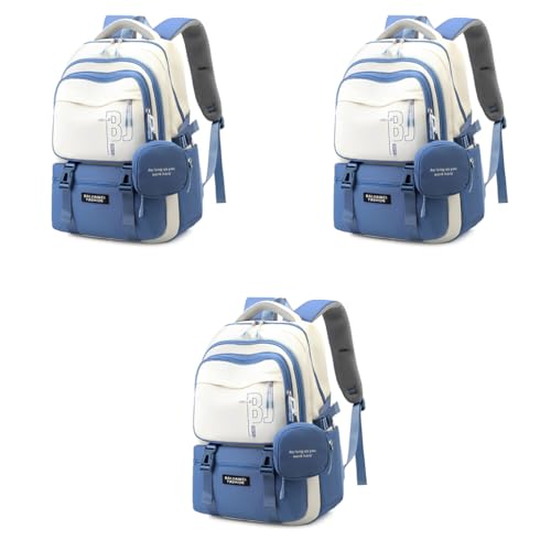 PALAY® Girls School Backpack with Small Zipper Pouch Fashion Blue Nylon Padded Shoulder Straps Handle Design Multi Compartment Large for Camping Travel 3 PCS