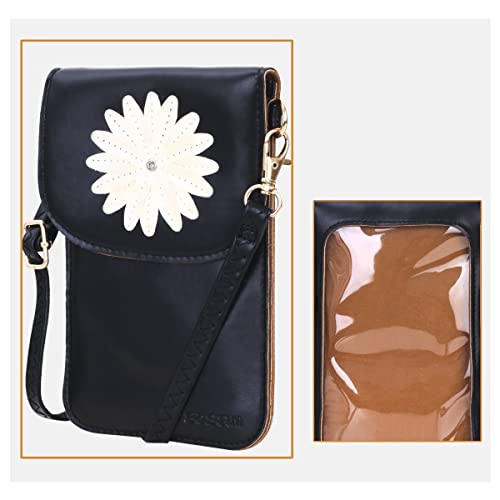 PALAY® @ Designer Cross Shoulder Bag Messenger Bag PU Leather Chic Daisy Flower Pattern Phone Bag Sling Bag Wardrobe Accessory for Girl,Women(black)