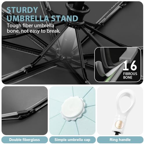 PALAY® Compact Umbrella for Sun Rain Protection Auto Open Close Travel Folding with Flower Charm Strap Black Tape UV 8 Dual Ribs Anti-Slip Rubber Handle Outdoor Commute 2PCS