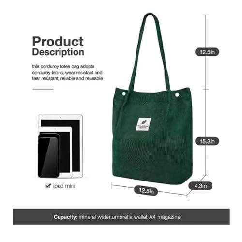 PALAY® Classic Tote Bag Corduroy Solid Color Hand Bag For Women Shoulder Bag For Shopping, Commuting, Shopping Bag, Large Grocery Bag, Green