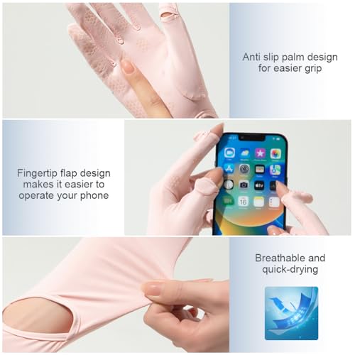 PALAY® Hand Gloves for Sun Protection with Arm Sleeves for Women, Ice Silk Cooling Sun Protection Gloves Women Non Slip Summer Outdoor UV Arm Sleeves for Bike Riding - Pink, Wrist Opening - 3 Pairs