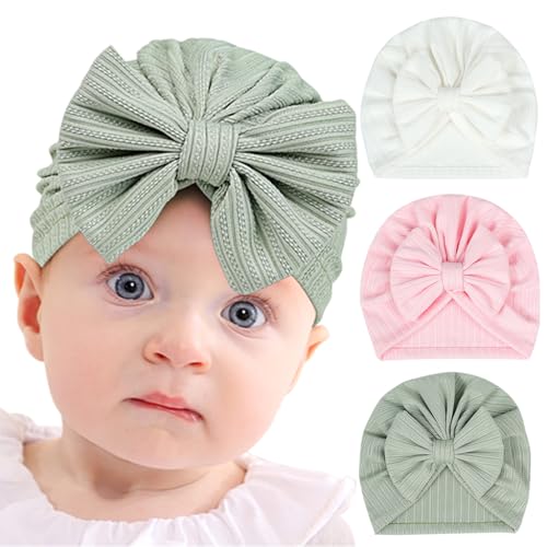 PALAY® 3 Pack Turban Cap for Baby Girl Boy Cute Stretchy Baby Cap Soft Infant Beanie Baby Hat for Newborns Baby Head Cap Hat Accessories Shower Gifts Turban Bow Baby Cap 6-12 Months