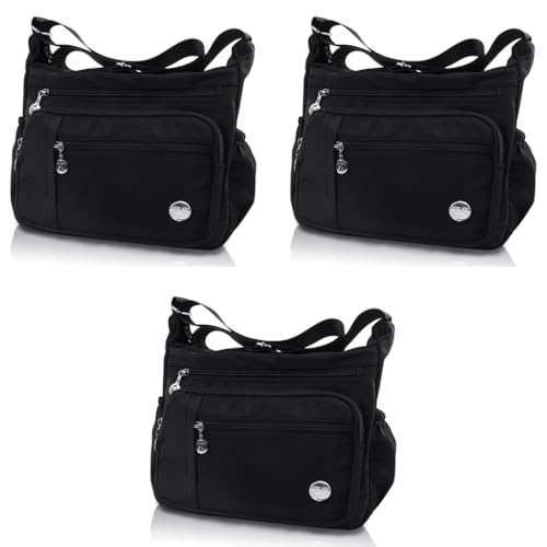 PALAY® Women Shoulder Bag Crossbody Nylon Waterproof Multi-pocket Sling with Adjustable Strap Fashion Satchel Handbag Black 3 PCS