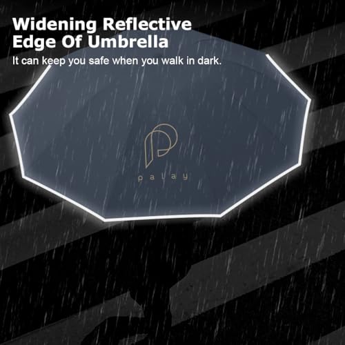 PALAY® Large Umbrella for Men Women with Reflective Strap 50 Inch Automatic Open Close Windproof Travel Folding Reinforced 10 Dual Ribs 99 UV Protection with Carabiner Handle Design 3PCS