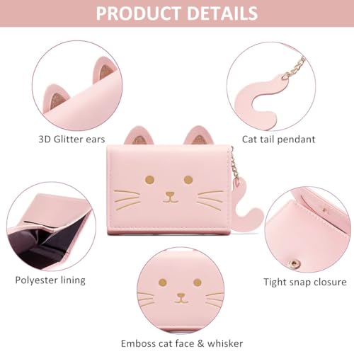 PALAY® Small Wallet for Women Fashion Girls Cute 3D Cat Face Glitter Ears Wallet with Tail Tri-Folded Wallet ID Card Case with Zipper Pocket