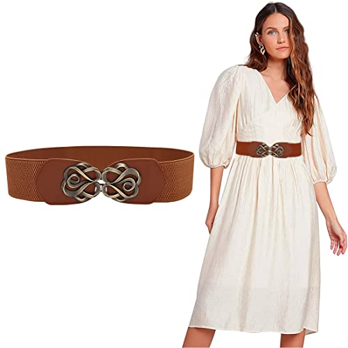 PALAY® Women Stretchy Belt for umpsuit Blouse Blazer Dress with Metal Interlocking Buckle-Coffee Brown