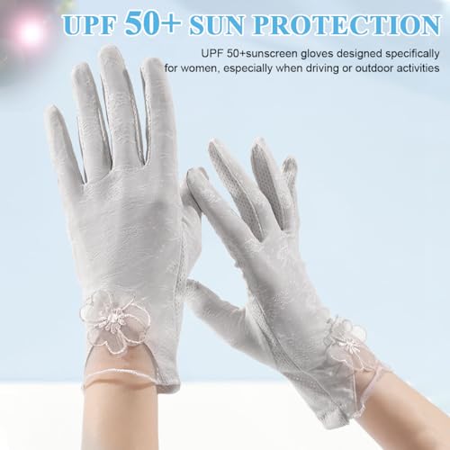 PALAY® Sun Protection Gloves for Women Stylish Flower Lace Hand Gloves for Bike Touch Screen Breathable Gloves Grey Summer Cool Silk-Feel for Golfing Fishing - 1 Pair, Non-Slip Design