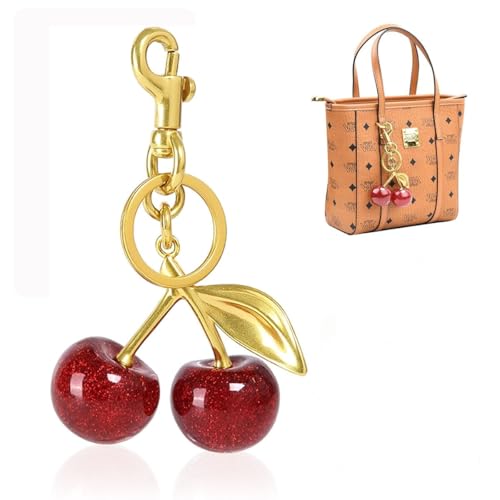 PALAY® Bag Charms Red Cherry Keychain with Gift Box Sweetly Gold Metal Keyring Glittering Cherry Pendant Bag Charm for Handbags Cute Key Chain for Girls Women