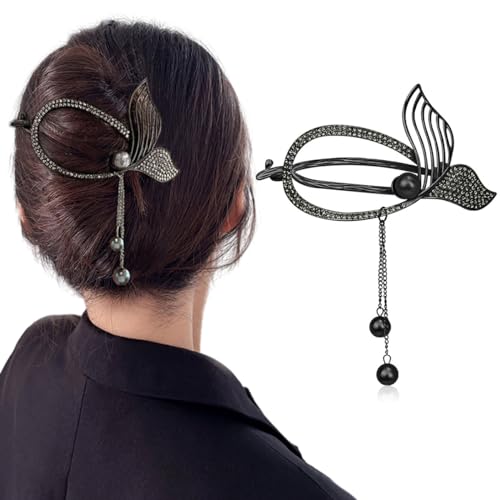 PALAY® Hair Clip, Tassle Mermaid Tail Banana Clips for Women, Alloy Hair Bun Accessories Hairstyle Twist Hair Barrette, Elegant Non Slip Jaw Hair Claws for Lady Girls- Black
