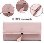 SANNIDHI® Women's PU Leather Long Wallet with Leaf Pendant Card Holders Phone Pocket Girls Zipper Coin Purse (Pink)