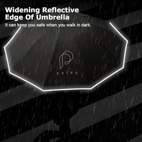 PALAY® Large Umbrella for Men Women with Reflective Strap 50 Inch Automatic Open Close Windproof Travel Folding Reinforced 10 Dual Ribs 99 UV Protection Carabiner Handle Design 3PCS