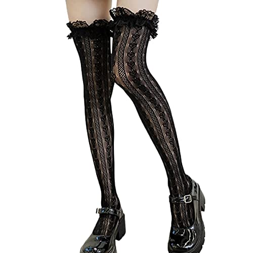 PALAY® Lace Knee Length Socks for Women Girls, Lolita Fishnet Thigh High Stockings Heart Striped Ruffled Over Knee High Socks, Fashion Sweet Hollow Out Long Socks (Black, 1 Pair)