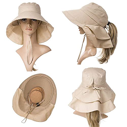 PALAY® Fashion Women Wide Brim Hat-UV Protection Summer Sun Hat with Ponytail Hole Back Neck Flap Cover,Khaki