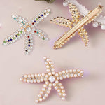 PALAY® 3pcs Starfish Hair Clips for Women Stylish Latest Rhinestone Pearls Hair Clip Sea Star Crystal Headpiece Shining Gold Alloy Wedding Hair Acccessories for Girls Bride