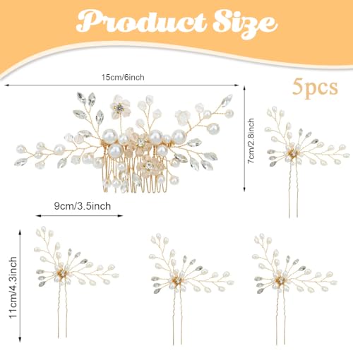 PALAY® Flower Hair Accessories for Women Pearl Crystal Rhinestone Hair Pins for Women Stylish Hair Comb Clip Bridal Hair Bun Accessories for Wedding, Daily, Party - 5 Pcs