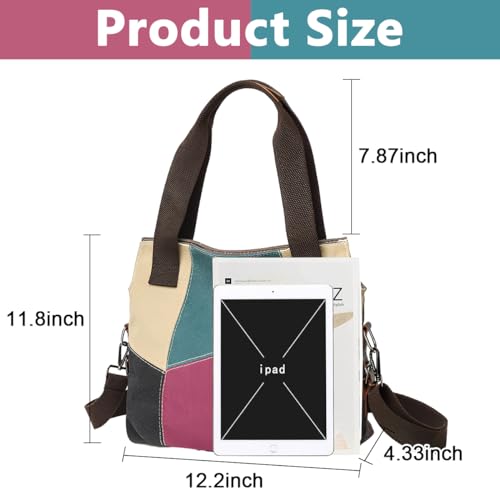 PALAY® Canvas Tote Shoulder Bag Handbag for Women Fashion Patches Style Tote Bag with Detachable Shoulder Strap Large Canvas Tote Bag for Daily Work Bag for Women