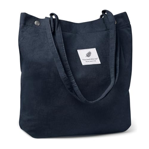 PALAY® Tote Bag Corduroy Solid Color Hand Bag for Women Shoulder Bag for Shopping, Commuting, Shopping Bag, Large Grocery Bag, Dark Blue