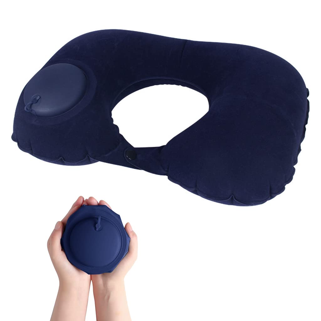 Palay Inflatable Travel Pillow for Airplane and Office with Built In Hand Pump | Soft Blue Flocking