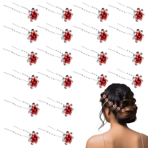 PALAY® 20Pcs Hair Pins for Women Stylish Rose Flower Bridal Hairpin Crystal Hair Stick for Bun Red Rose Juda Pins for Hair Bun Fancy Wedding Hair Bun Pin for Women Girls Bridesmaids