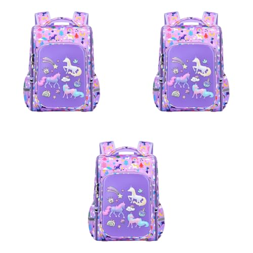 PALAY® Girls School Backpack Unicorn Cartoon Primary Bookbag for Travel Camping Waterproof Burden-Relief Gift Kids 5-10 Years Old Purple 3 PCS