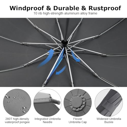 PALAY® Large Umbrella with Reflective Strip Auto 3-Fold Compact Travel Carabiner Handle Reinforced 10 Dual Ribs Sun Protection 99 UV Rain Windproof Men Women Grey 3PCS