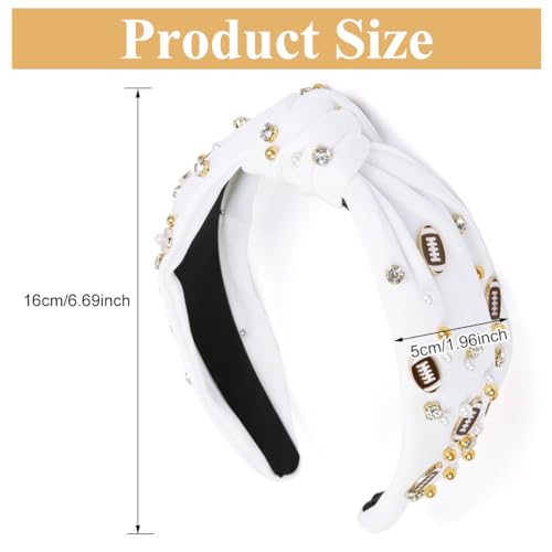 PALAY® Wide Headband for Women Fashion Football Headband Pearl Jeweled Knot Hairband Rugby Embellishments Elegant Headbands Sports Fan Gifts - White