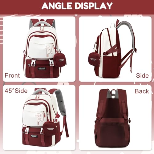 PALAY® Girls Backpack School with Small Zipper Pouch Fashion Red Nylon Padded Shoulder Straps Handle Design Multi Compartment Large for Camping Travel 3 PCS