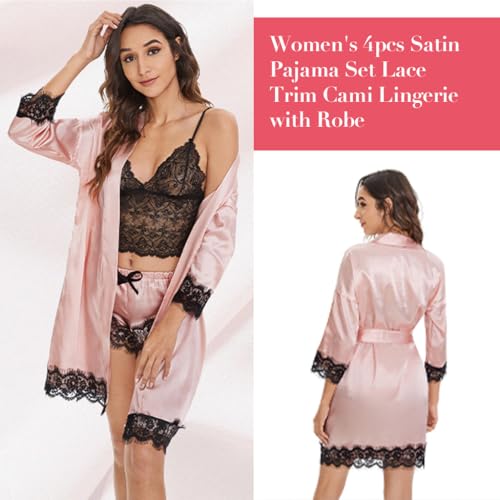 PALAY® Women Lingerie Underwear Suit Set of 8PCS Silk Lace Longsleeve Robe Black Bra Thong M