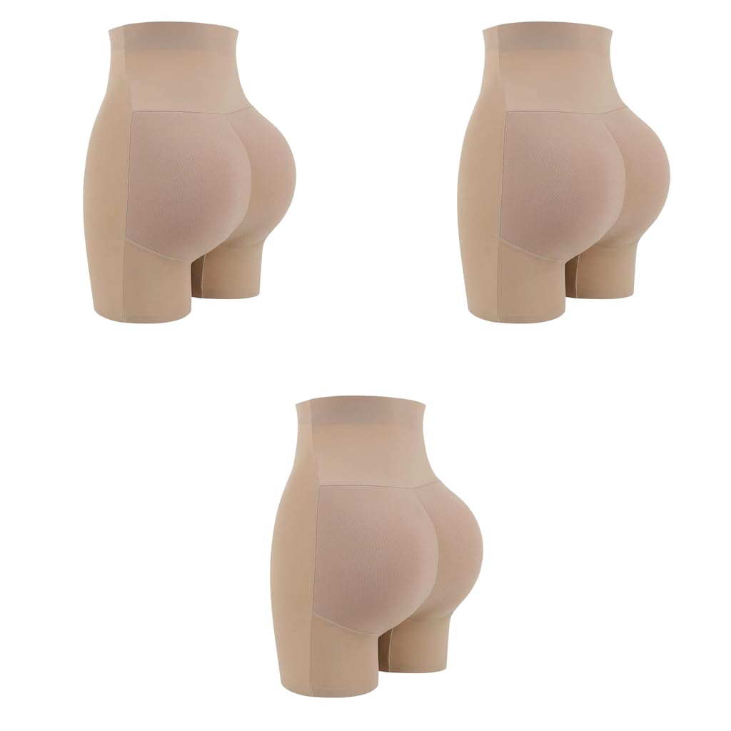 PALAY Butt Lifter Padded Underwear for Women with 3D Hip Pads Enhancer | Seamless 3PCS Beige Shapewear Shorts