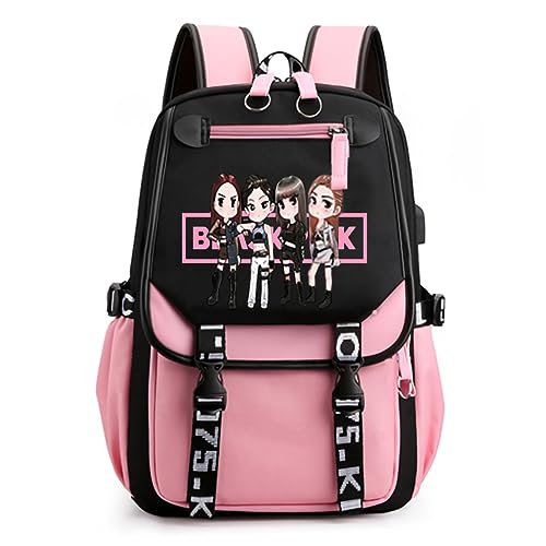 PALAY® Black Pink Bag For Girls School Bag with USB Cable Jack Cute Backpacks Idol Print Design Laptop Backpack and Casual Backpack Student Accessories That can Hold 16.8 inches Books