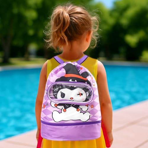 PALAY® Kuromi Swimming Drawstring Bag Girls Waterproof with Shoe Compartment Clear Goggle Pouch Cute Quick Dry Wet Beach 26x13x40cm 2 PCS