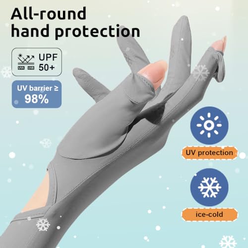 PALAY® UV Protection Arm Sleeves Nylon Ice Silk Arm Sleeves with One Piece Gloves, Open Finger Tip & Anti-slip Palm Design Outdoor Cool Arm Sleeve for Driving, Cycling, Gardening- Grey