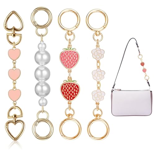 PALAY® 4Pcs Purse Chain Bag Strap Extender Gold Cute Heart Shape Pearls Flower Handbag Chain Strap Replacement Fashion Bag Extension Chain for Bags, Purse, Sling Bag (5.7-6.7 In)