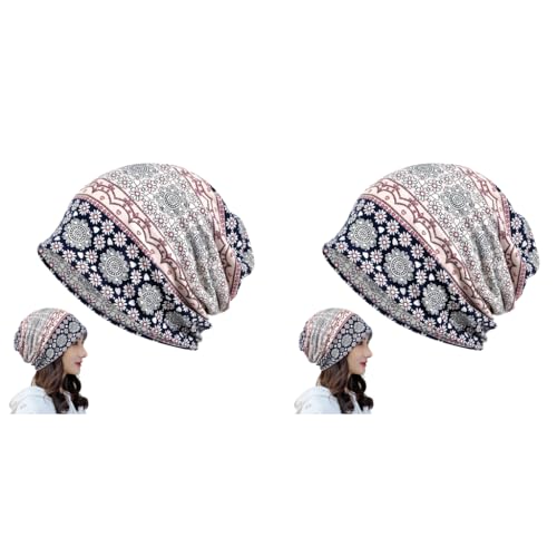 PALAY® Hijab Caps for Women, Slouchy Beanie Cap, Floral Print Head Scarf, Chemo Caps, Fashion Stretch Soft Hip-Hop Skull Dwarf Hats for Teen Girls X 2 Black