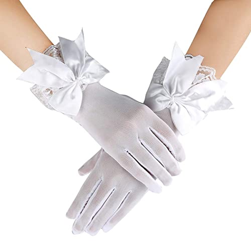 PALAY® Lace Gloves for Women Girls, Butterfly Bow White Gloves for Wedding, Elegant Bridal Gloves Short Mittens for Party Formal Banquet Photography(1 Pair)